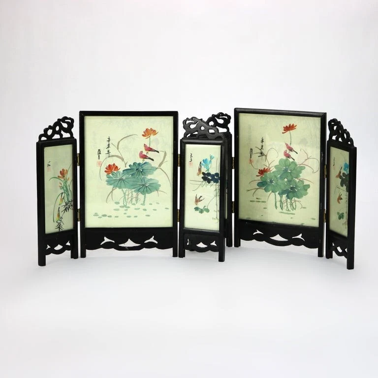 两个古董日本手绘双面三联画桌屏幕 — 第 2/4 张图片