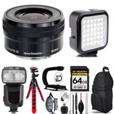 Sony E PZ 16-50mm f/3.5-5.6 OSS Lens LED Light - 64GB Accessory Bundle