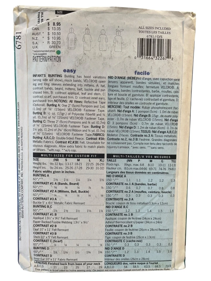 Butterick 6781 Infant Bunting Costume Pattern All Sizes - Image 2 of 2