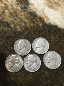 1939, 1940, 1951D, 1954D, 1955D  Jefferson Nickels.   Actual Coins