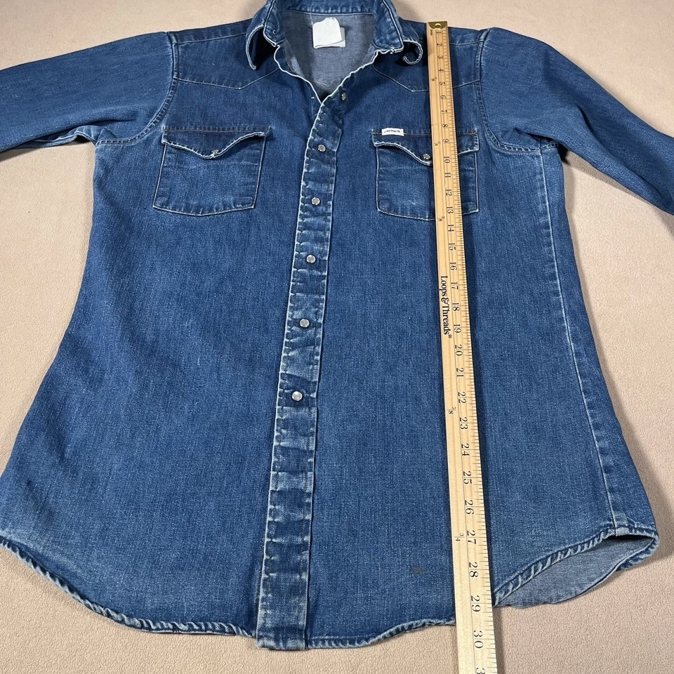 Camisa Carhartt Para Hombres Denim Western Botón a Presión Azul SO2 DNM Hecha en EE. UU. 15,5 x 35 Foto 3 de 4