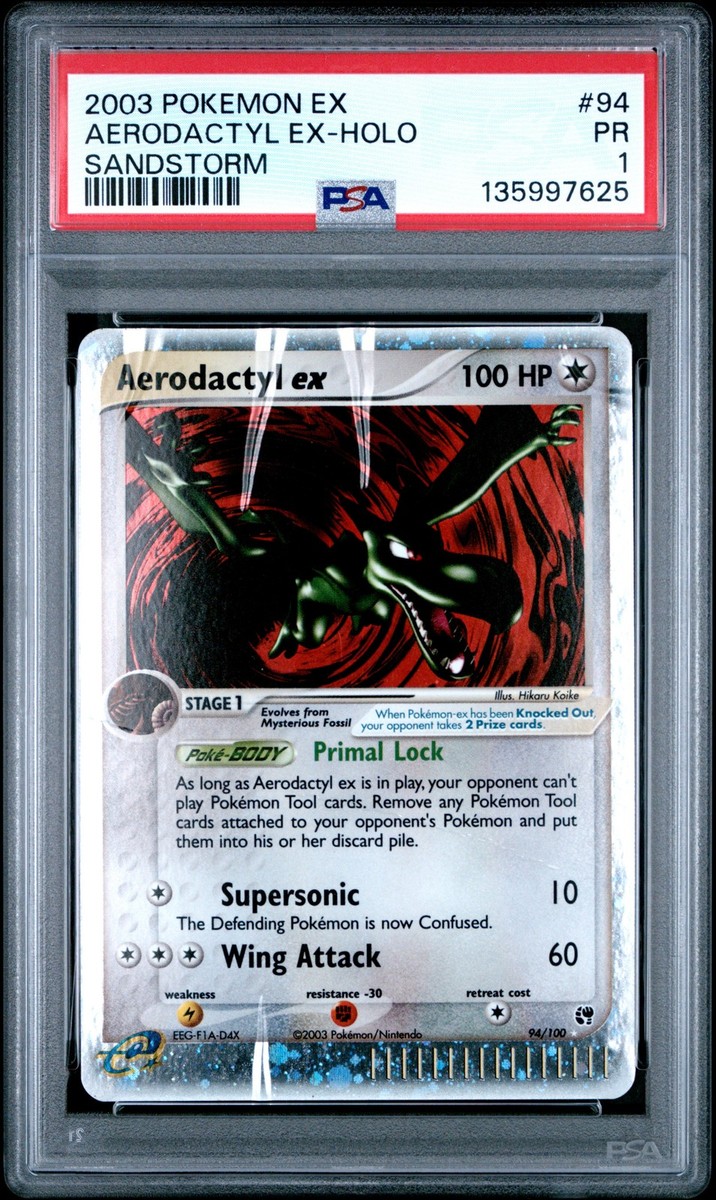 pokemon cards aerodactyl ex PSA 1 Aerodactyl ex 94/100 2003 Sandstorm Ultra Rare Pokemon Card