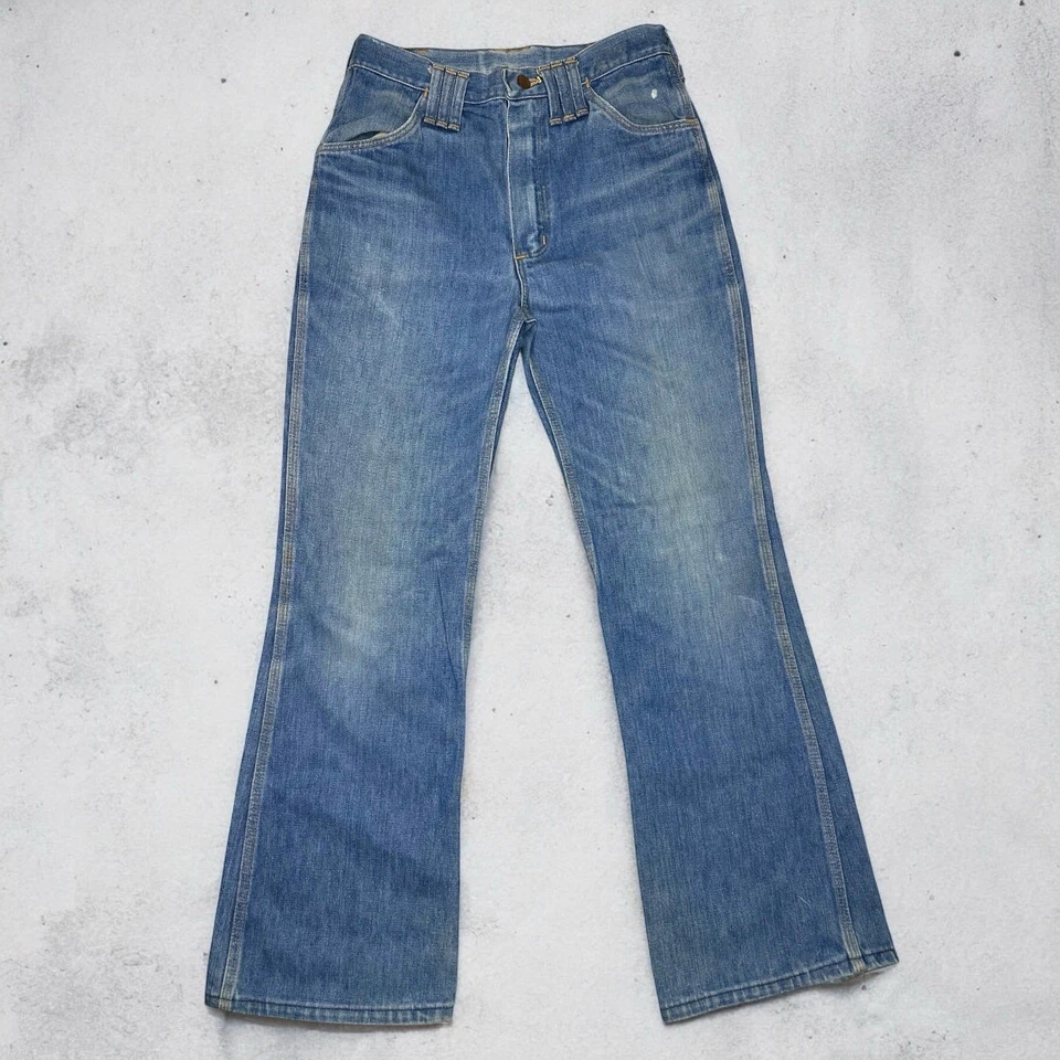 Jeans acampanados vintage Wrangler azul campana años 70 EE. UU. talla 29x30 Scovill cremallera E7J raros Foto 2 de 4
