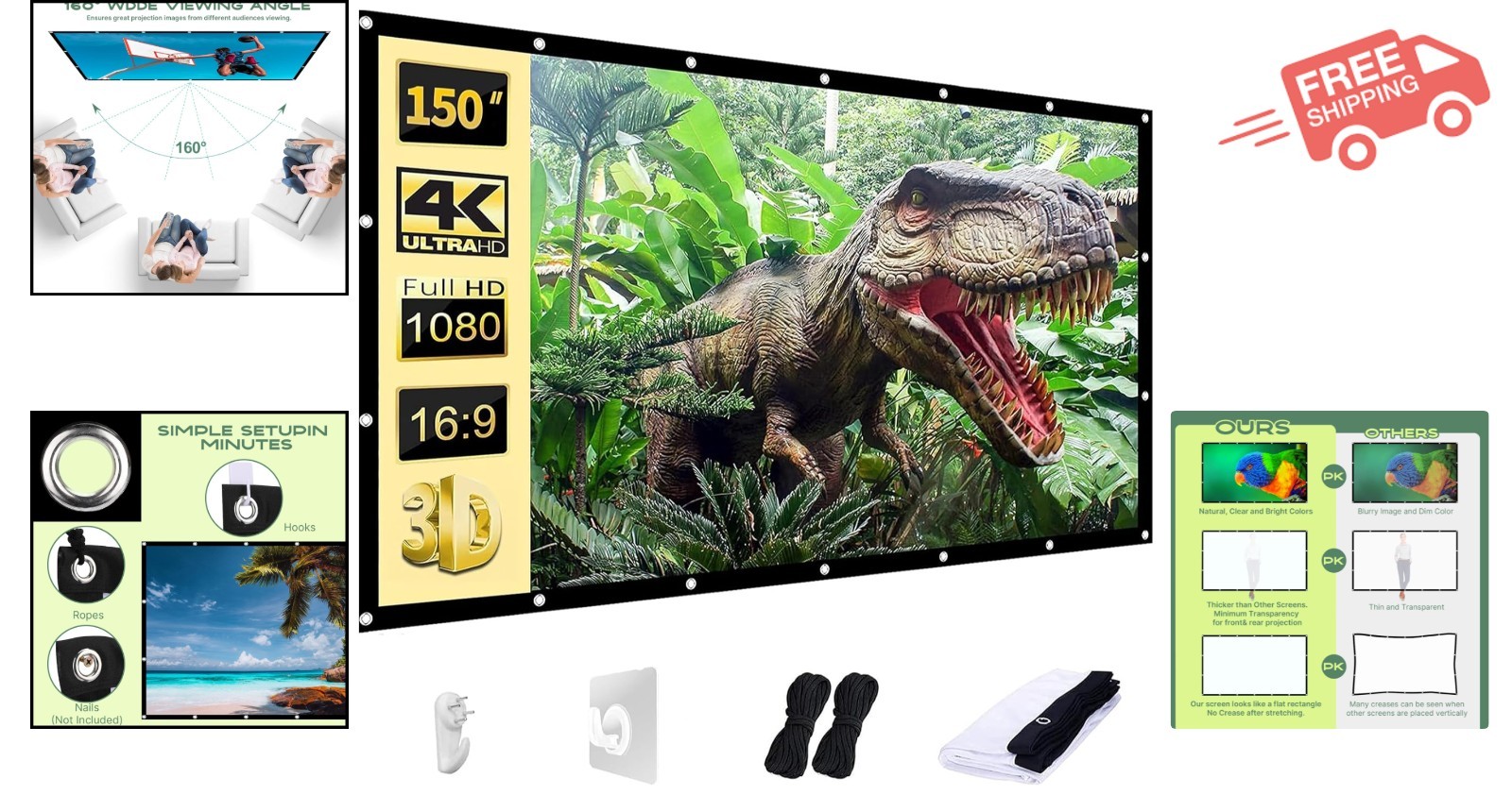 150-Inch Projector Screen - Lightweight, Matte Finish for Stunning Views