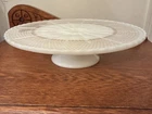 Anchor Hocking 22k Gold Fleur De Lis Milk Glass Cake Stand Pie Pedestal Vintage