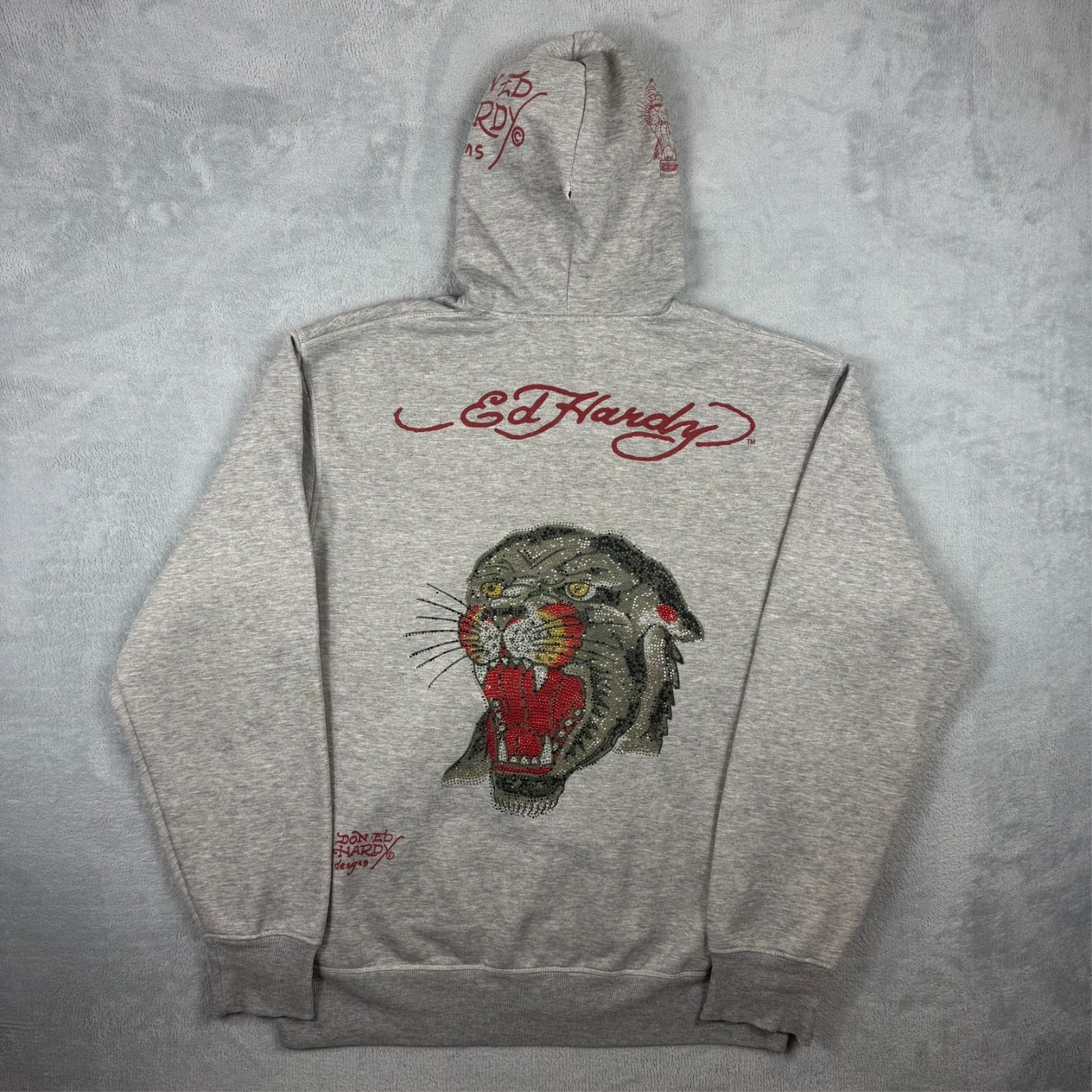 Vintage Ed Hardy 2000s Y2K Grey Embellished Tiger Oversized XL Full Zip Hoodie