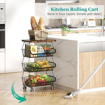 Fruit Basket with Wooden Lid for Kitchen, 4-Tier Stackable Wire Fruit Vegetab...