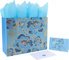 13" Large Rose Blue Gift Bag Set with Greeting Card and Tissue Paper Foil Traced