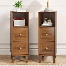 Narrow Nightstand Set of 2, Wooden Small Bedside Table with 2 Drawers