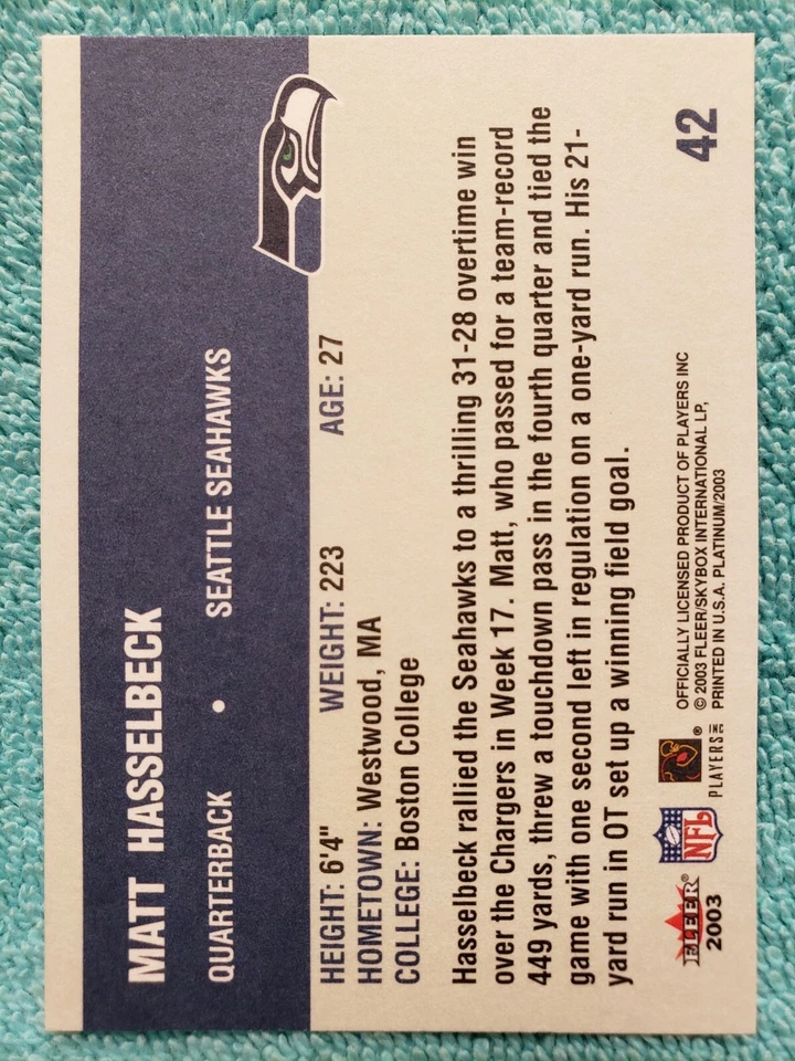 2003 FLEER PLATINUM MATT HASSELBECK #42 SEATTLE SEAHAWKS  - Image 4 of 4