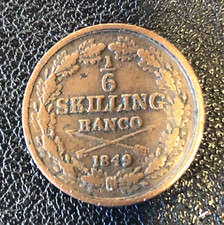 1849 Sweden 1/6 Skilling World Coin EF Nice Details!