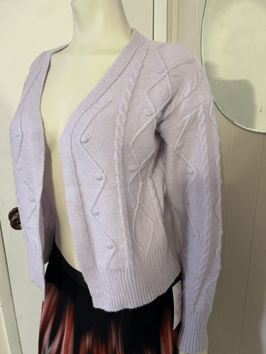 Floral Blooming Small Open Classic Cardigan Sweater Lavender Acrylic Knit NWT - Picture 3 of 8