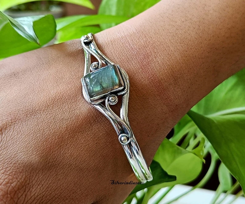 Labradorite Bangle 925 Sterling Silver Bangle, Cuff Adjustable Bangle WomenSV111 - Image 3 of 4