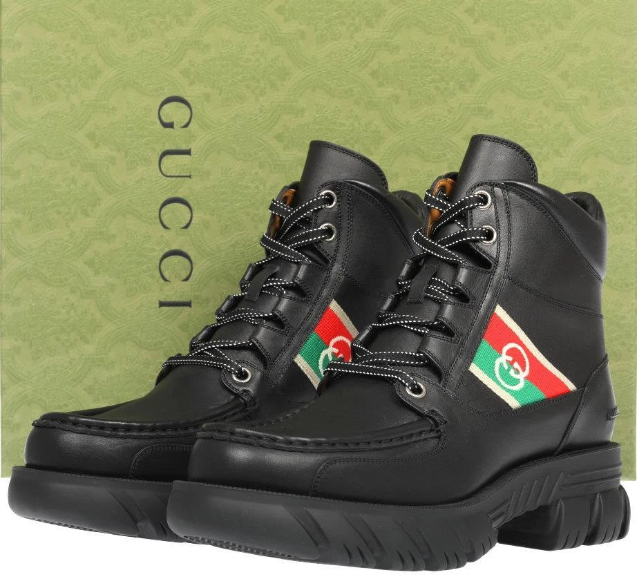 CHAUSSURES BOTTINES HOMME NEUVES GUCCI CUIR NOIR IMBRIQUÉES 5/US 5,5