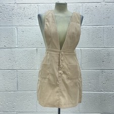 NASTY GAL SAND NUDE OVER THE TOP CORD PINAFORE MINI DRESS RIBBED PLEATED UK 8