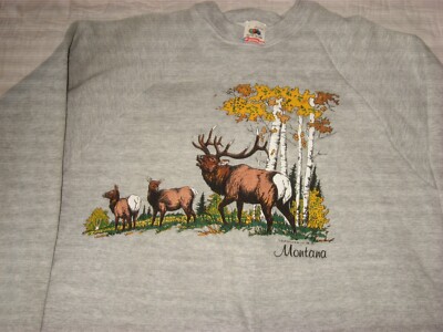 Vintage 80's Fruit of the Loom Men's Montana Elk Sweatshirt Medium/Large USA