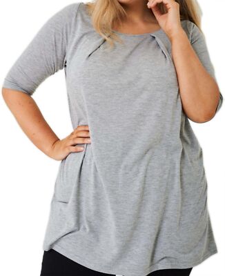 Schlichtes graues Oberteil mit Faltenausschnitt 3/4-Arm Damen Übergröße Freizeitkleidung