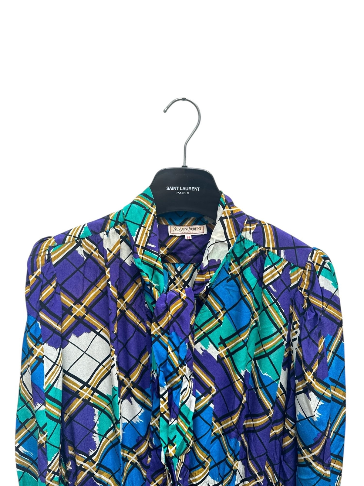 Yves Saint Laurent Abito da Giorno Vintage in Seta con Stampa Colorata Motivo a Quadri Si