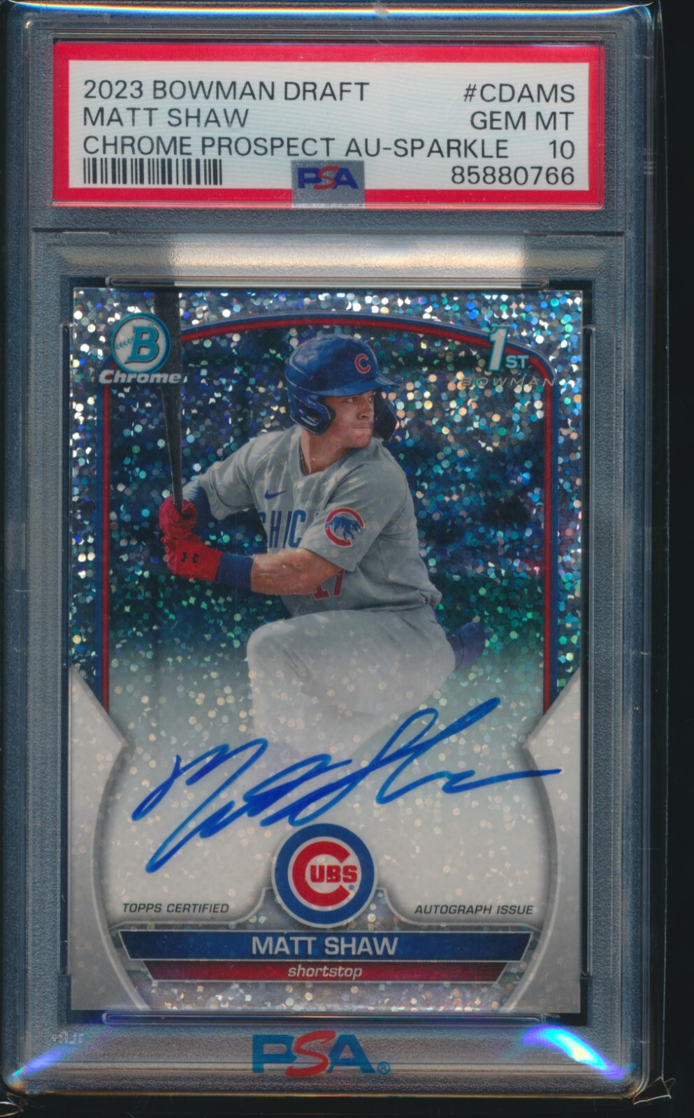 PSA 10 MATT SHAW AUTO 1st 2023 Bowman Chrome SPARKLES REFRACTOR/71 RC GEM MINT