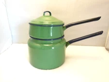 VINTAGE FARMHOUSE GREEN & NAVY ENAMELWARE DOUBLE BOILER GC!!