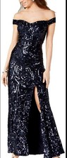Women  s Formal Dress Size 8 NIGHTWAY Off Shoulder Navy Allover Sequins Sheath