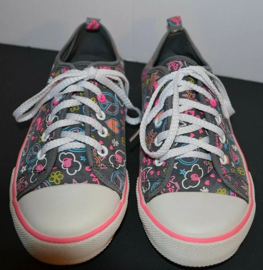 ZAPATOS ANTIGUOS AZUL MARINO PARA NIÑA Jóvenes Talla 3 Corazones Símbolo de la Paz Pájaros Sol Nubes Estrellas Rosa Foto 3 de 4