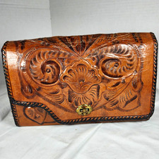 Vintage Mexican Reversible Tooled Leather Purse Shoulder Bag Floral Western