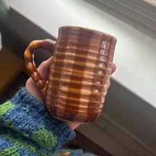 Unmarked Glazed Stoneware Brown Stripe Groove Ribbed Coffee Tea Mug