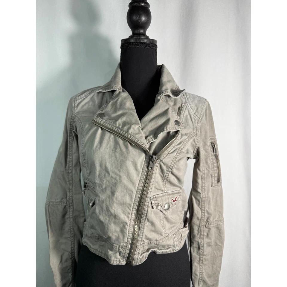 Chaqueta Hollister Moto Para Mujer Pequeña Cremallera Completa Marrón Y2K Recortada Foto 2 de 4