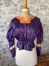 Rare Antique 1900s Edwardian Purple Silk Blouse Lace High Neck and Peach Velvet