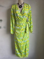 New River Island Wrap Midi Dress UK 8 Yellow Green White Abstract NWT RRP £49