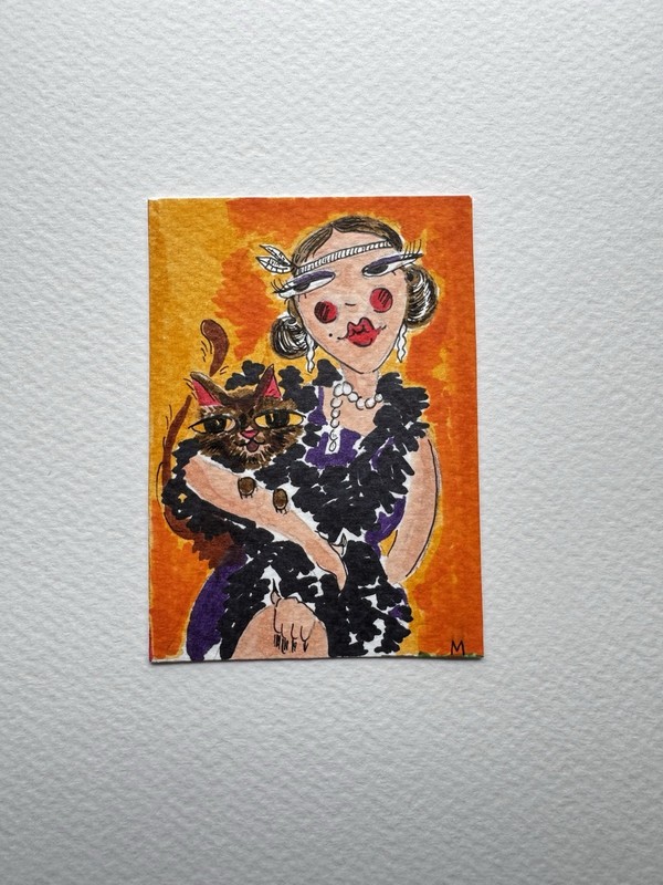 ACEO Original Woman with Cat illustration by Mattie Stark