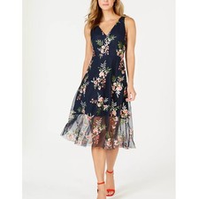Vince Camuto Embroidered Floral Mesh Navy Pink Midi Fit Flare Tank Dress W 10