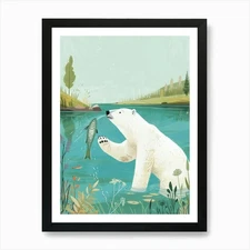 Polar Bear Catching Fish In A Tranq Framed Wall Art Poster Canvas Print Picture