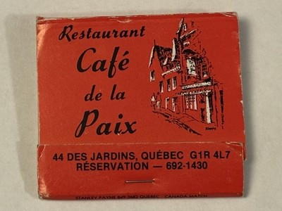 Cafe de la Paix Restaurant Used Matchbook 30 Strike Matches Quebec Canada Old