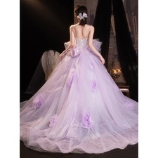 Purple Ball Gown Spaghetti Straps Puffy Tulle Sweetheart Evening Dresses Train