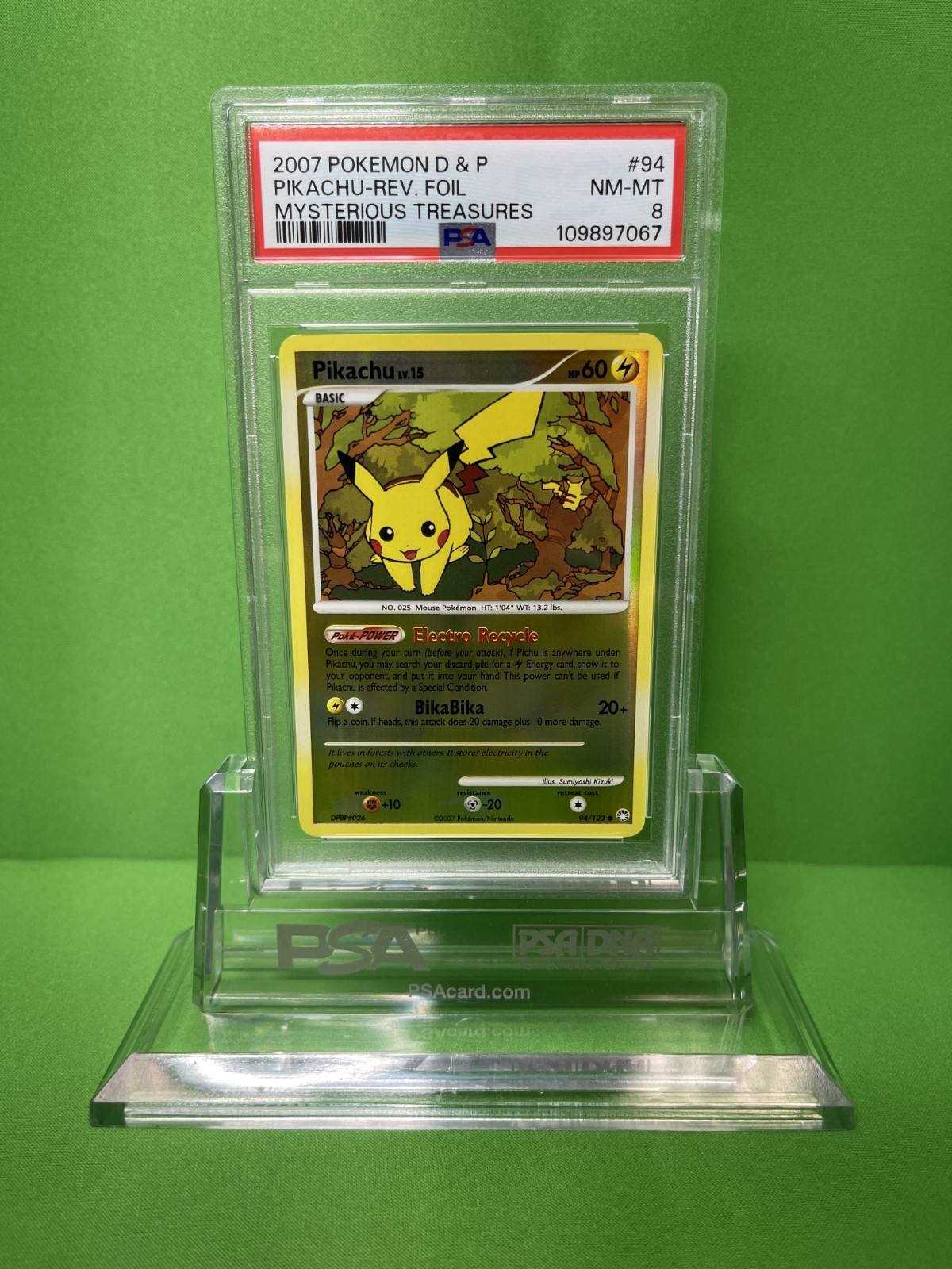 2007 POKEMON DIAMOND & PEARL MYSTERIOUS TREASURES 94 PIKACHU-REVERSE FOIL PSA 8