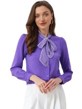 's Work Blouse Tie Neck Long Sleeve Shirts Button Down Elegant Office Busines...
