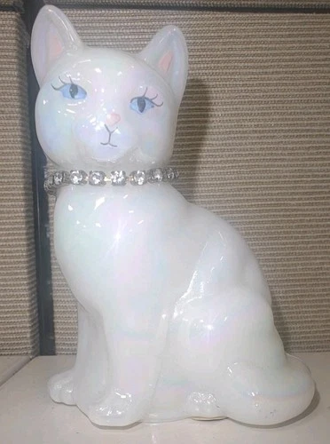 Vintage Fenton Iridescent Glass Cat Figurine 🐱 Rhinestone Collar💎 Hand Painted