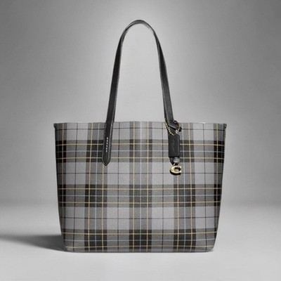 Coach Women s City Tote Signature Canvas Leather Grey Plaid Checker Tartan NWT