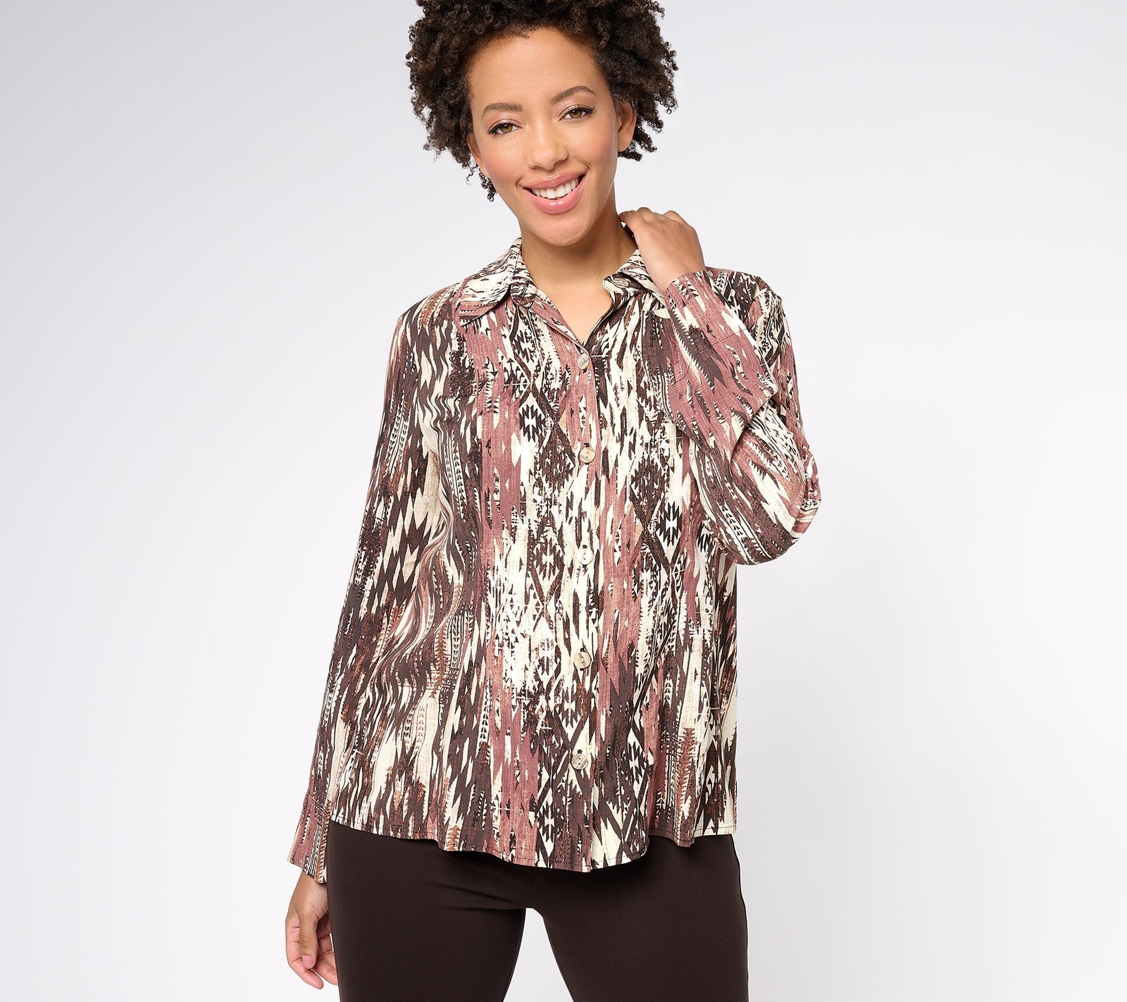 Women with Control Women's Top Plus Sz 1X Godet Woven Button Front Gray A612914