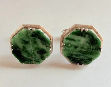 Signed Unreadable K18 Silver Green White Carved Jade Chinese Japanese Cufflinks