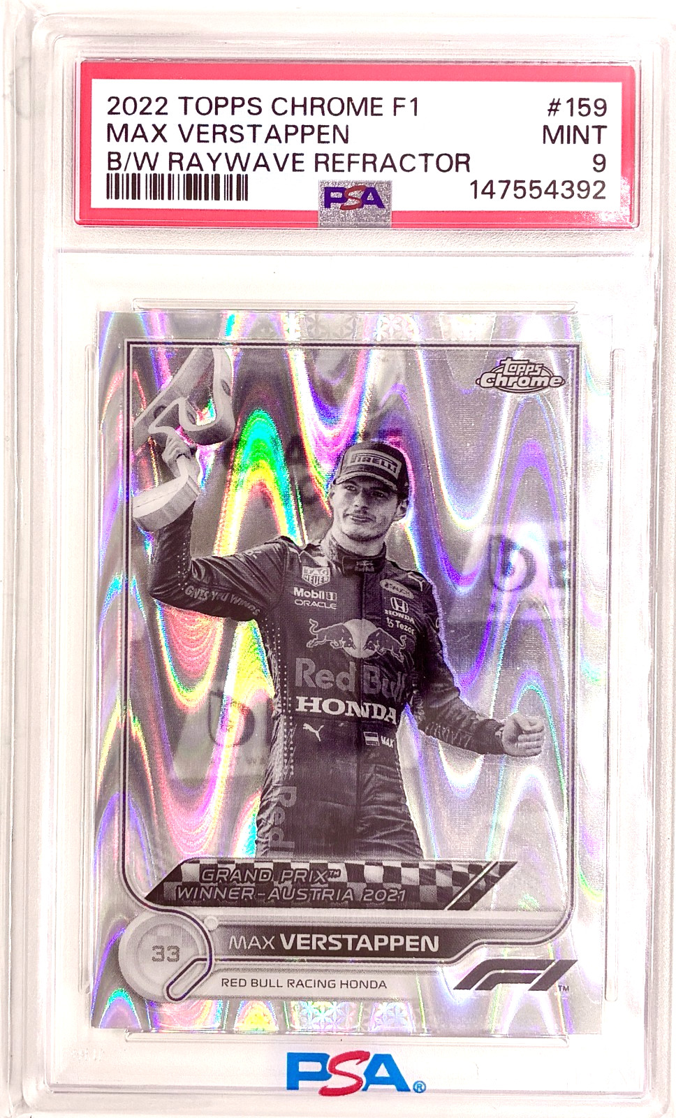 2022 TOPPS CHROME F1 MAX VERSTAPPEN #159 B/W RAYWAVE REFRACTOR PSA 9 MINT view 1