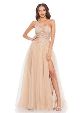 Elegant Mac Duggal Embellished One Shoulder A-Line Gown in Nude, originally $598