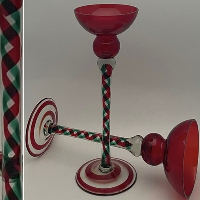 Krosno Jozefina Art Glass 2pc Red Green Ribbon Helix Candleholders Poland 12''t