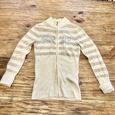 Guess Zip Up Sweater Rhinestone Logo Striped Cream Beige Y2K Womens S
