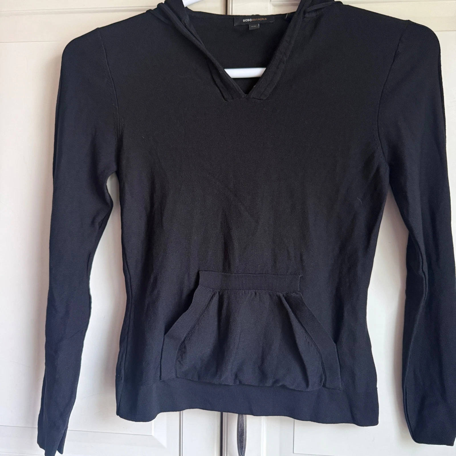 BCBGMAXAZRIA Womens Black Knit Hoodie V-Neck Kangaroo Pocket XS 58G04H58