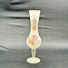 Norleans Satin Glass Hand Painted Floral Pedestal Bud Vase 10 3/8" H Vintage EUC