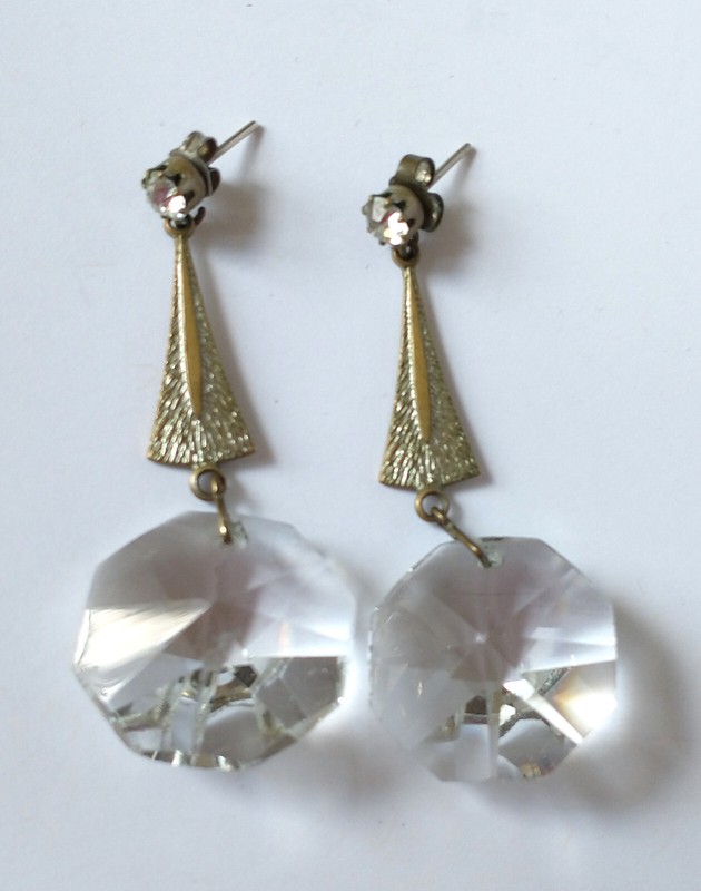 Vintage 1970s USSR Soviiet Era Clear Crystal Brass Dangle Drop Stud Earrings