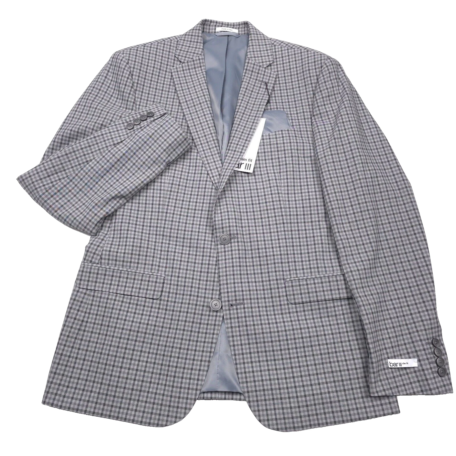 $295 Bar III Gray Check Slim-Fit Sport Coat Blazer Jacket Mens Size 42L